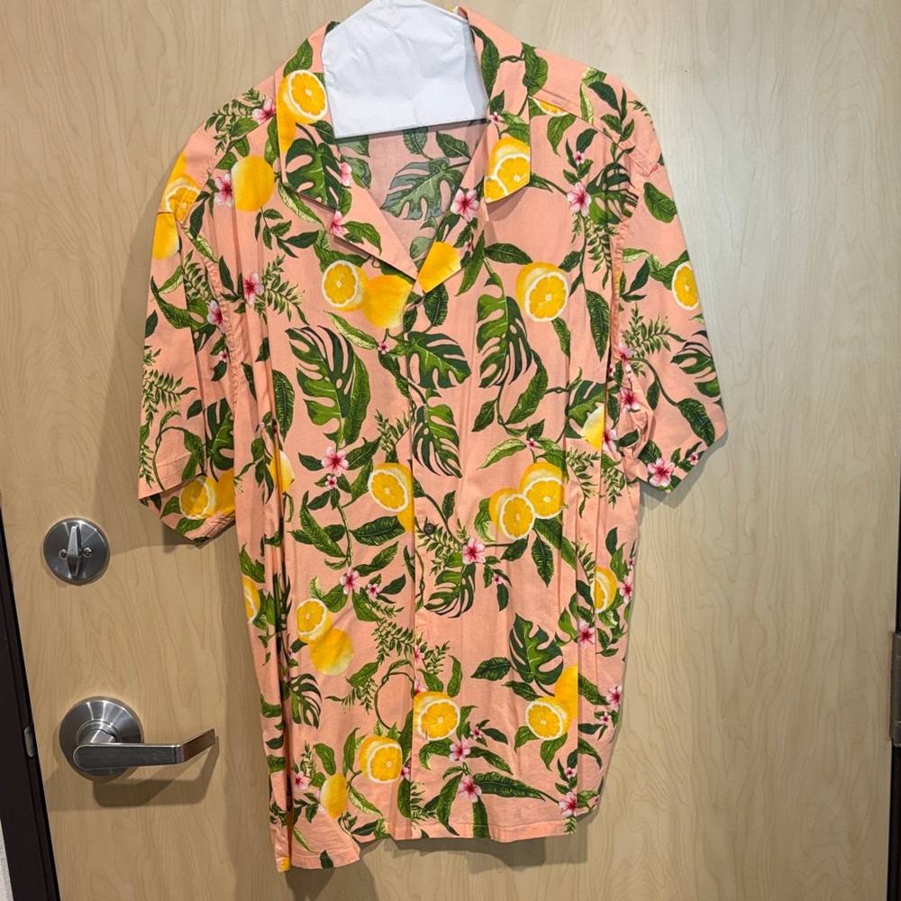 Old Navy Pink and Yellow Tropical Print Casual Button Down Shirt